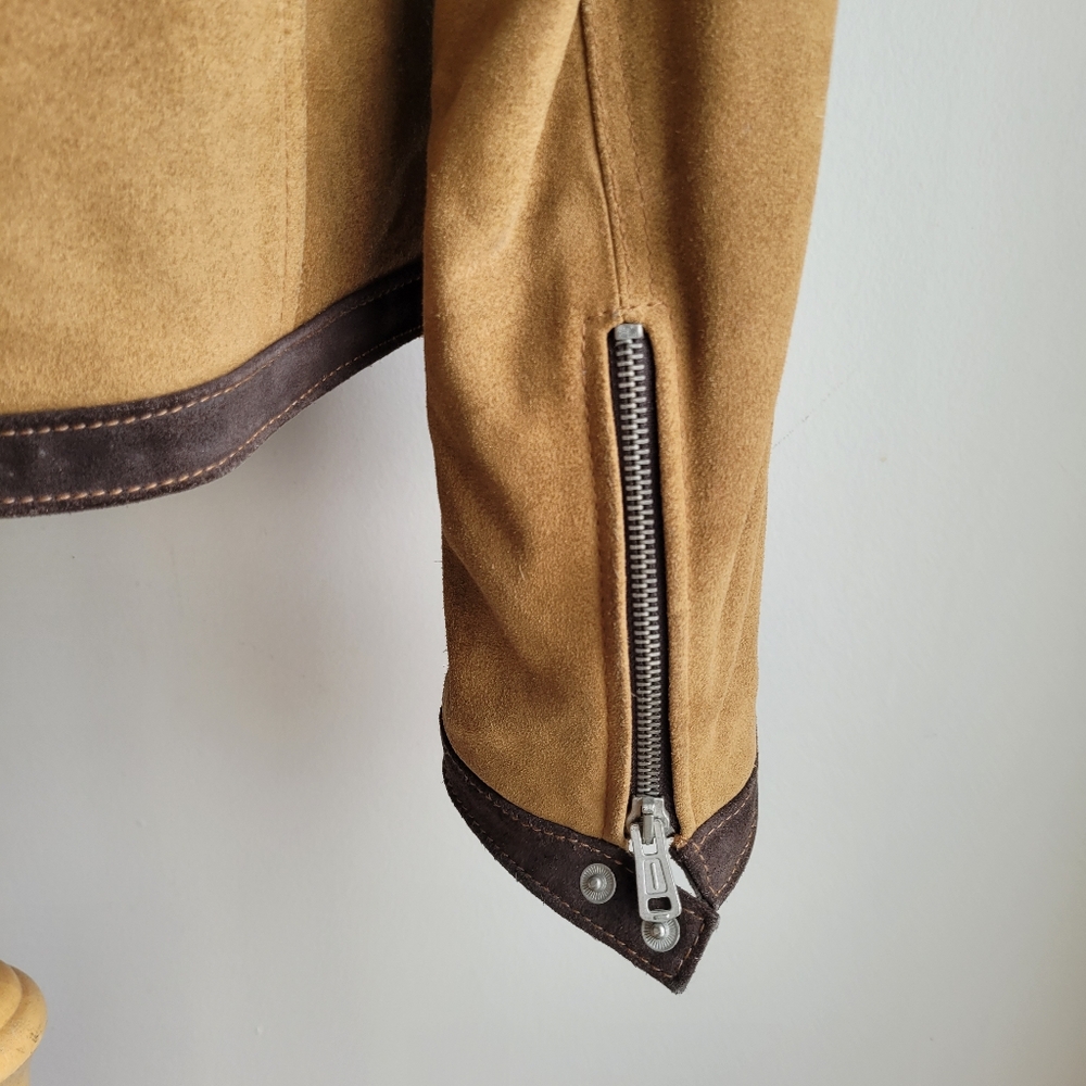 Vintage 90s MISS SIXTY Racer Moto Aviatior Suede Tan Jacket Brown Stripes M/L - Picture 9 of 15